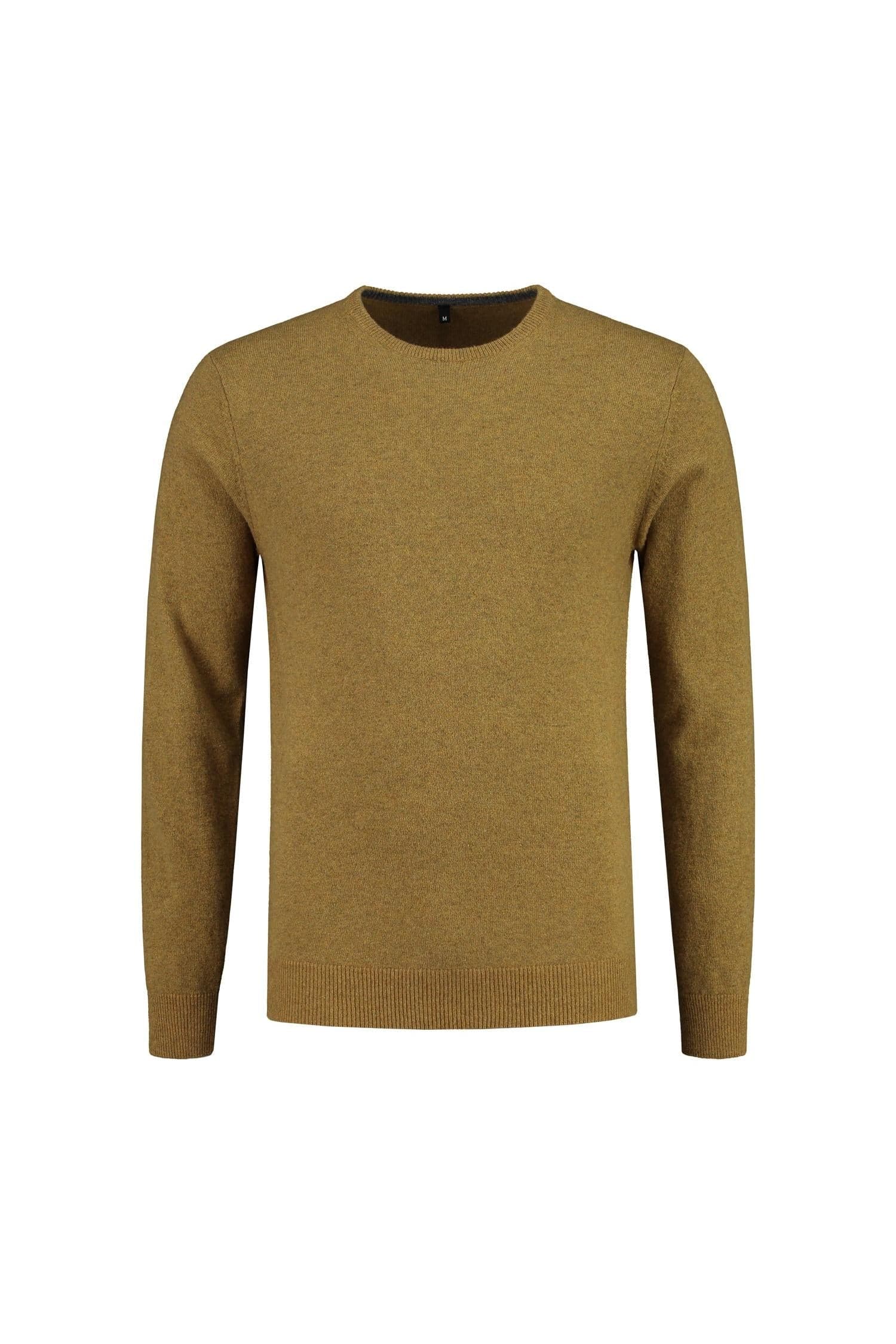 Trui ronde hals mosterd wol, mosterdkleurige wol-nylon trui met ronde hals voor stijl en warmte.