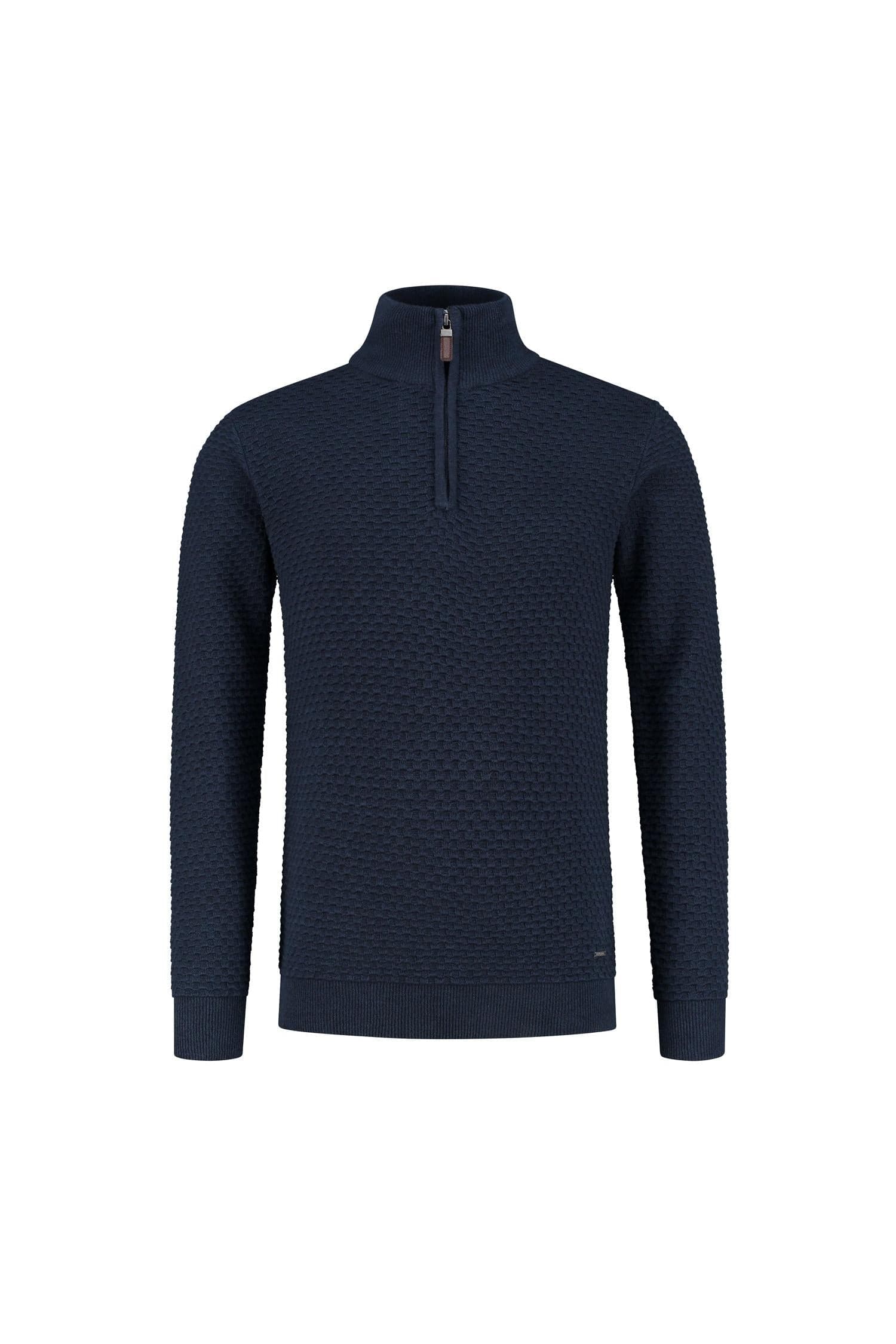 Trui halfzip donkerblauw, ademende katoenen trui met subtiele textuur en veelzijdigheid.