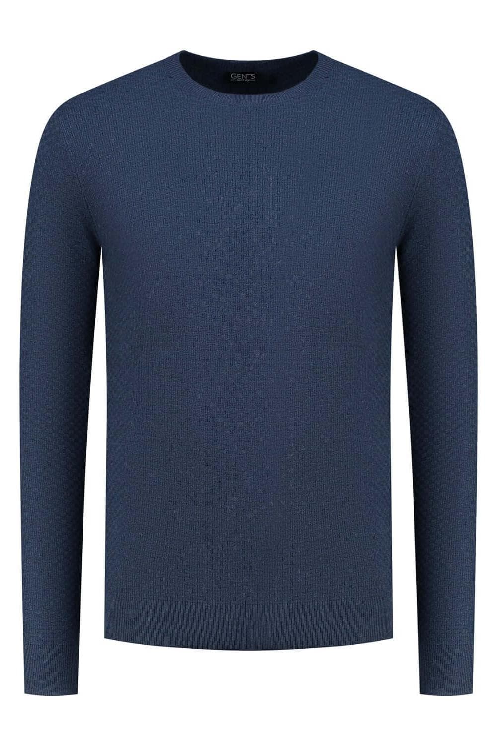 Ronde hals structuur denim, moderne denim trui met ronde hals en duidelijke structuur.