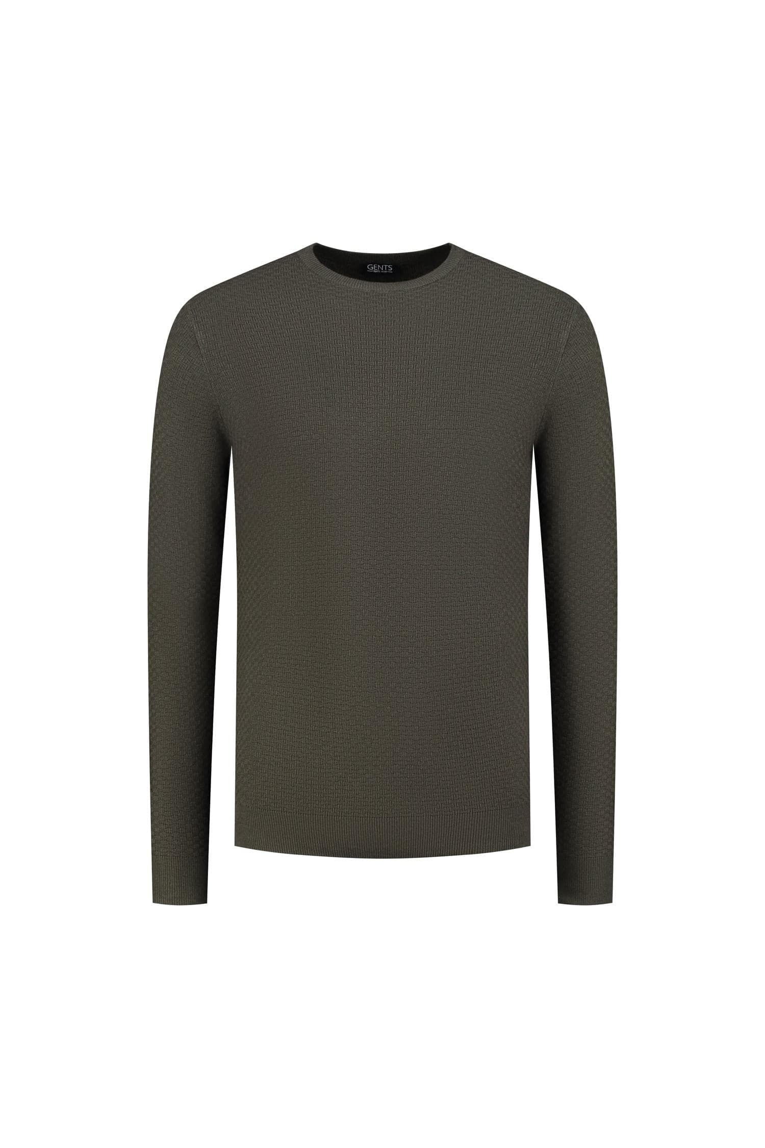 Ronde hals structuur groen - Groene wol-nylon trui met ronde hals en subtiele structuur.