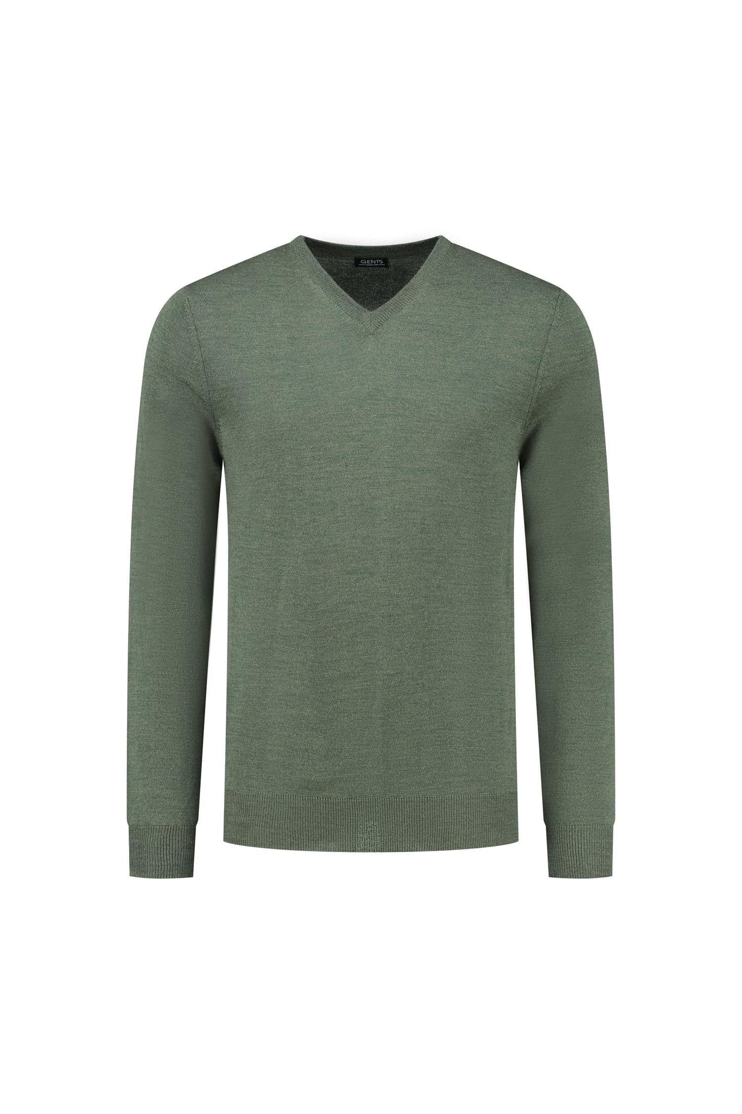 V-neck merinoblend groen, zachte groene trui met lange mouwen en ribboorden.