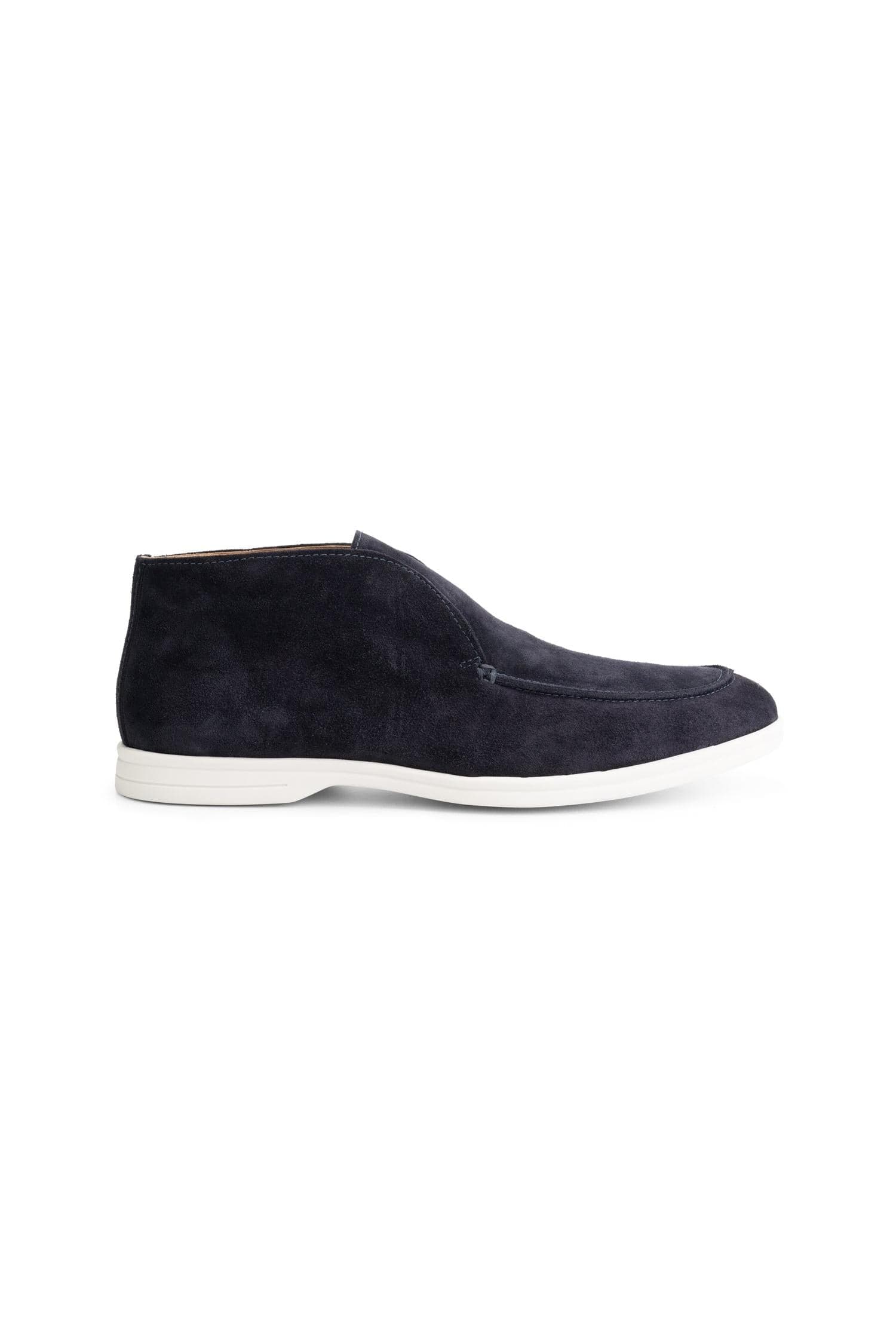 Loafer suede hoog blauw - robuuste suède loafers met moc-toe, slip-on, witte zool.