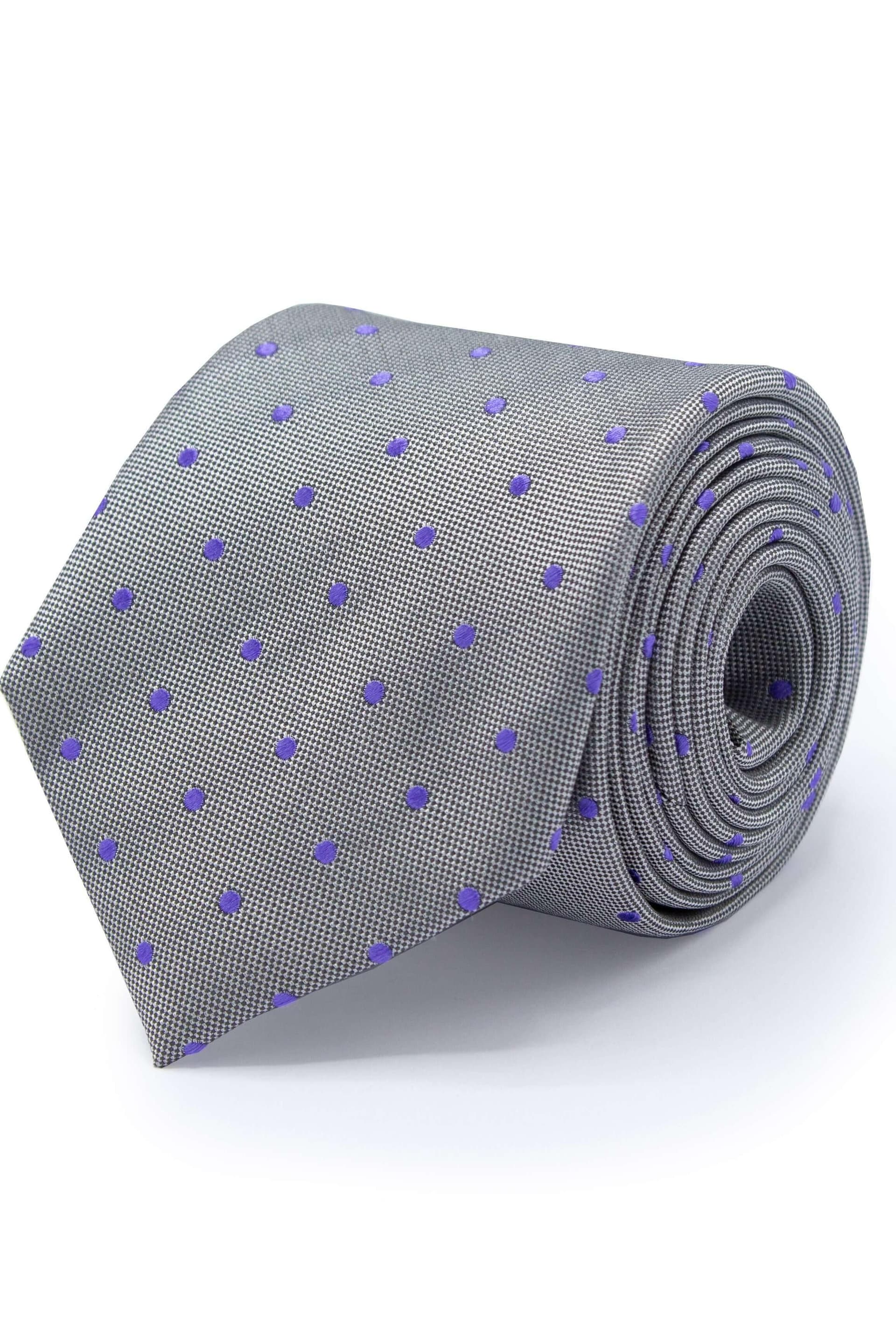 Stropdas zijde grijs met blauwe stippen, elegante stijltie van zijde met subtiele glans.