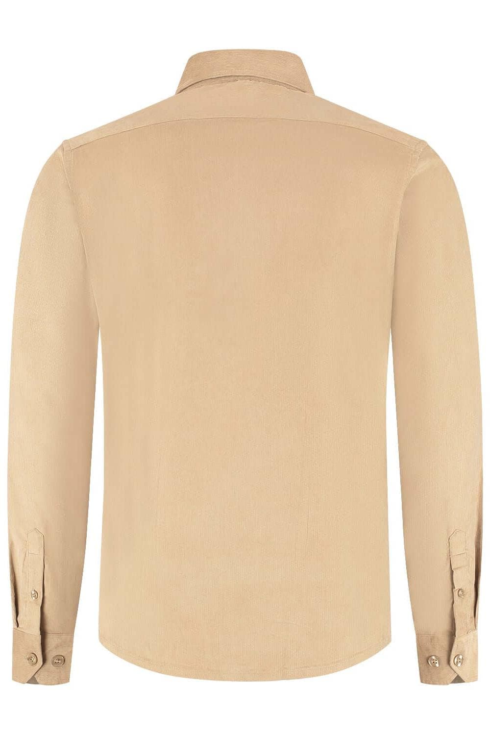 Overshirt corduroy zand, beige katoenen corduroy overshirt met knoopsluiting, achteraanzicht.