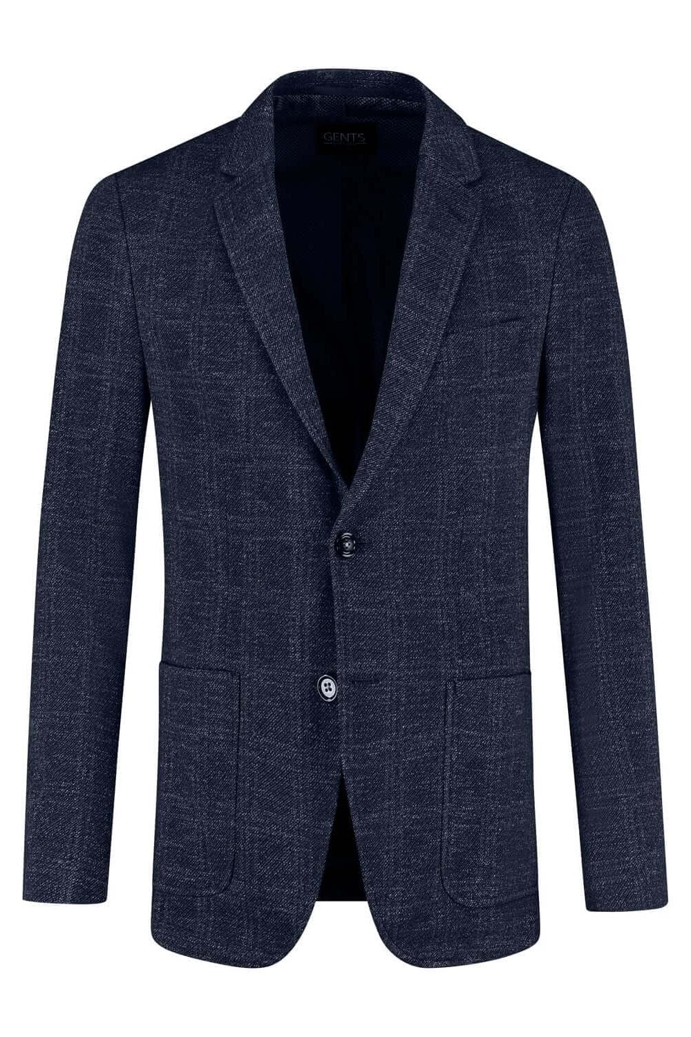 Colbert stretch ruit blauw, blauw stretchcolbert met subtiel ruitpatroon en twee knopen.