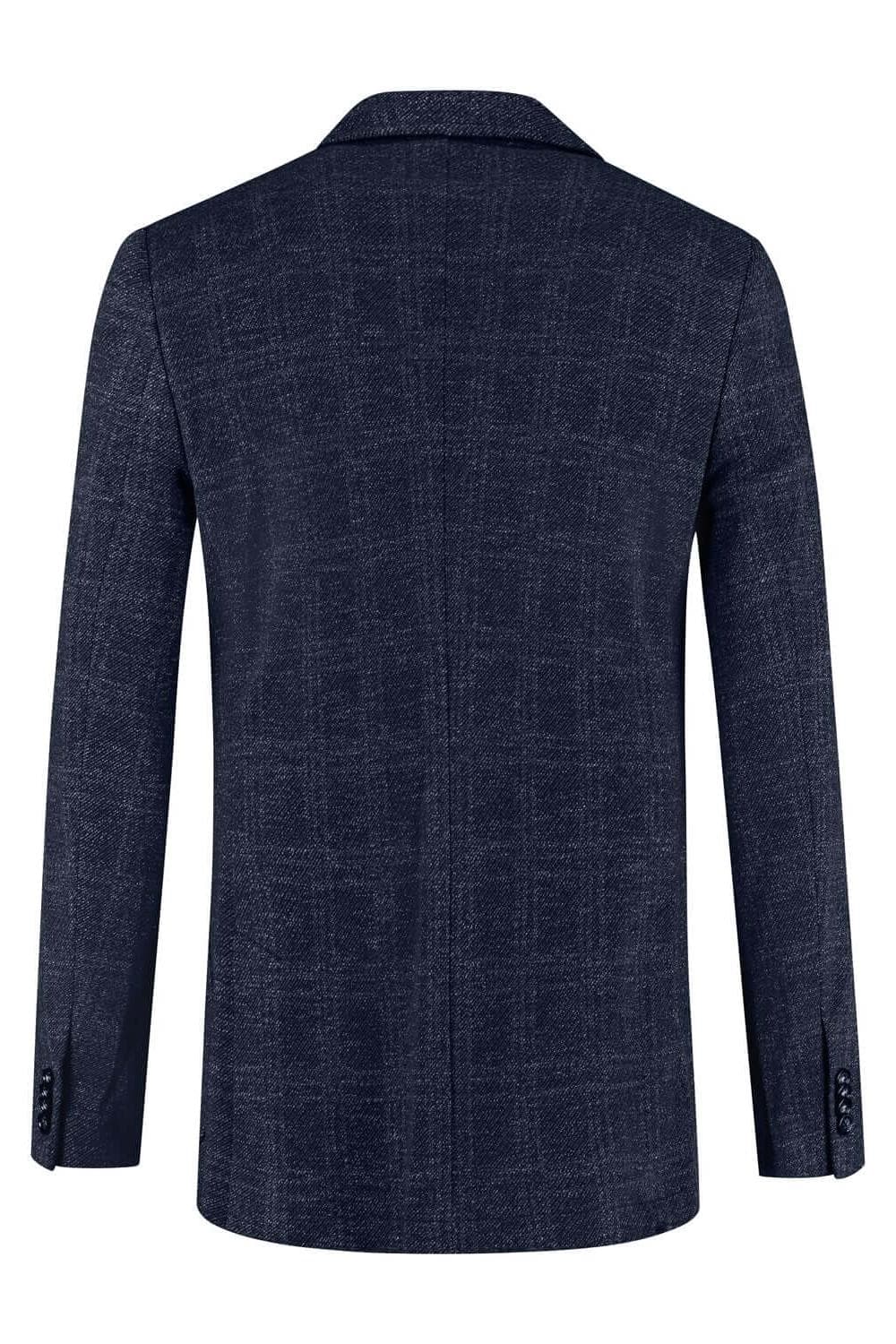 Colbert stretch ruit blauw, achterkant van het blauw stretchcolbert met subtiel ruitpatroon en notch revers.