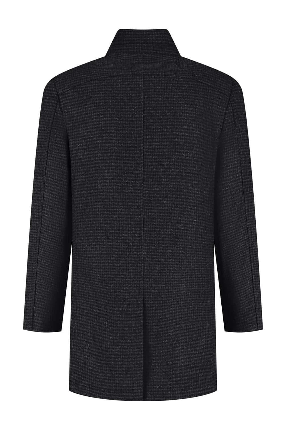 Coat houndstooth windvanger zwart-grijs, stijlvolle zwarte en grijze jas met houndstooth patroon.