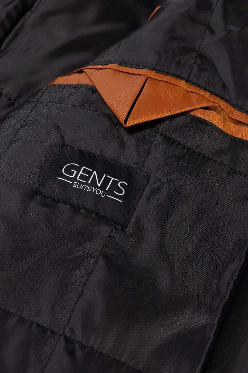 Coat stand-up collar grijs met opstaande kraag en visgraatpatroon, detail van het label GENTS.