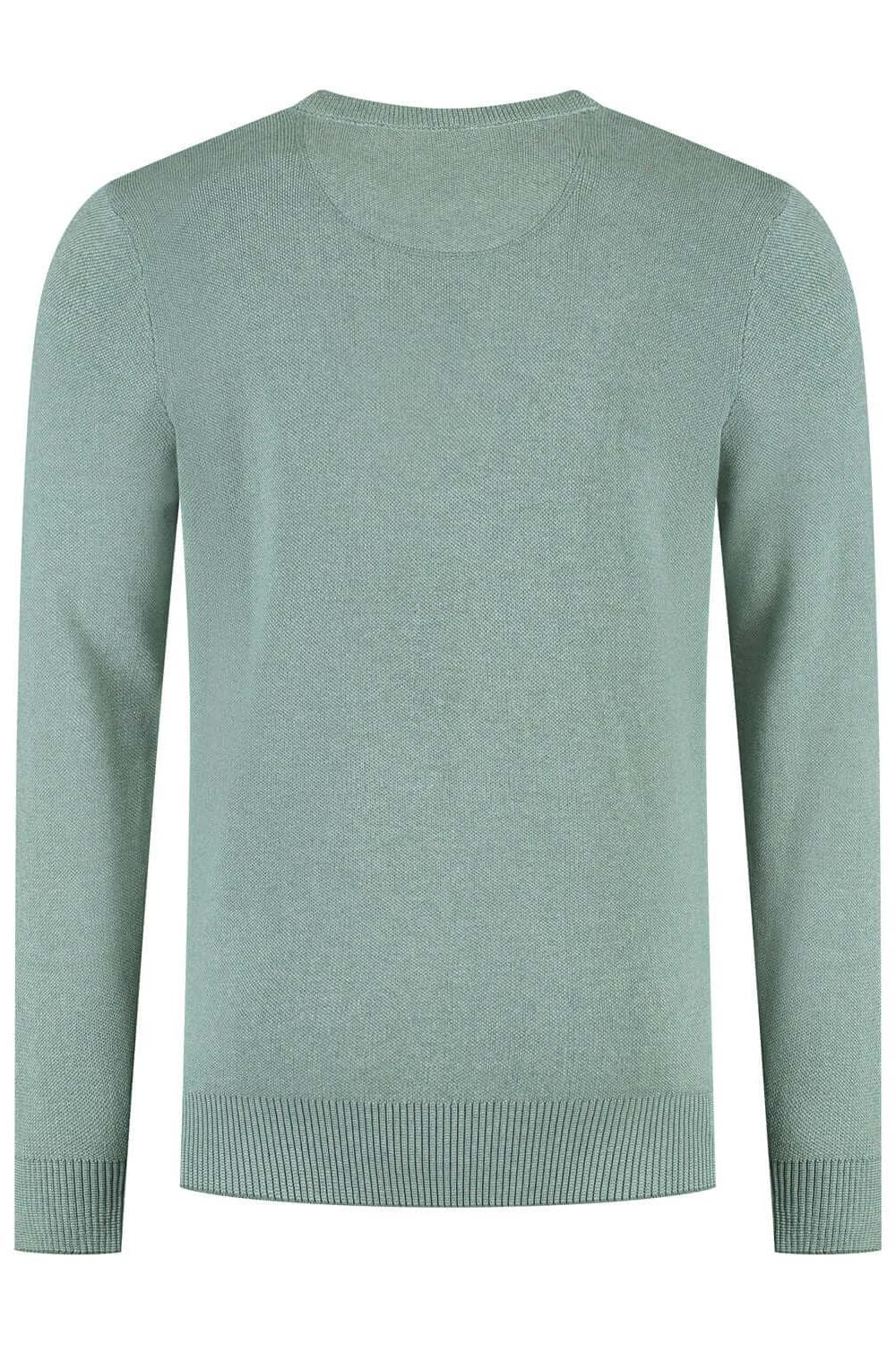 Ronde hals two-tone groen, ademende katoenen trui met ronde hals in groene tweekleur, achteraanzicht.