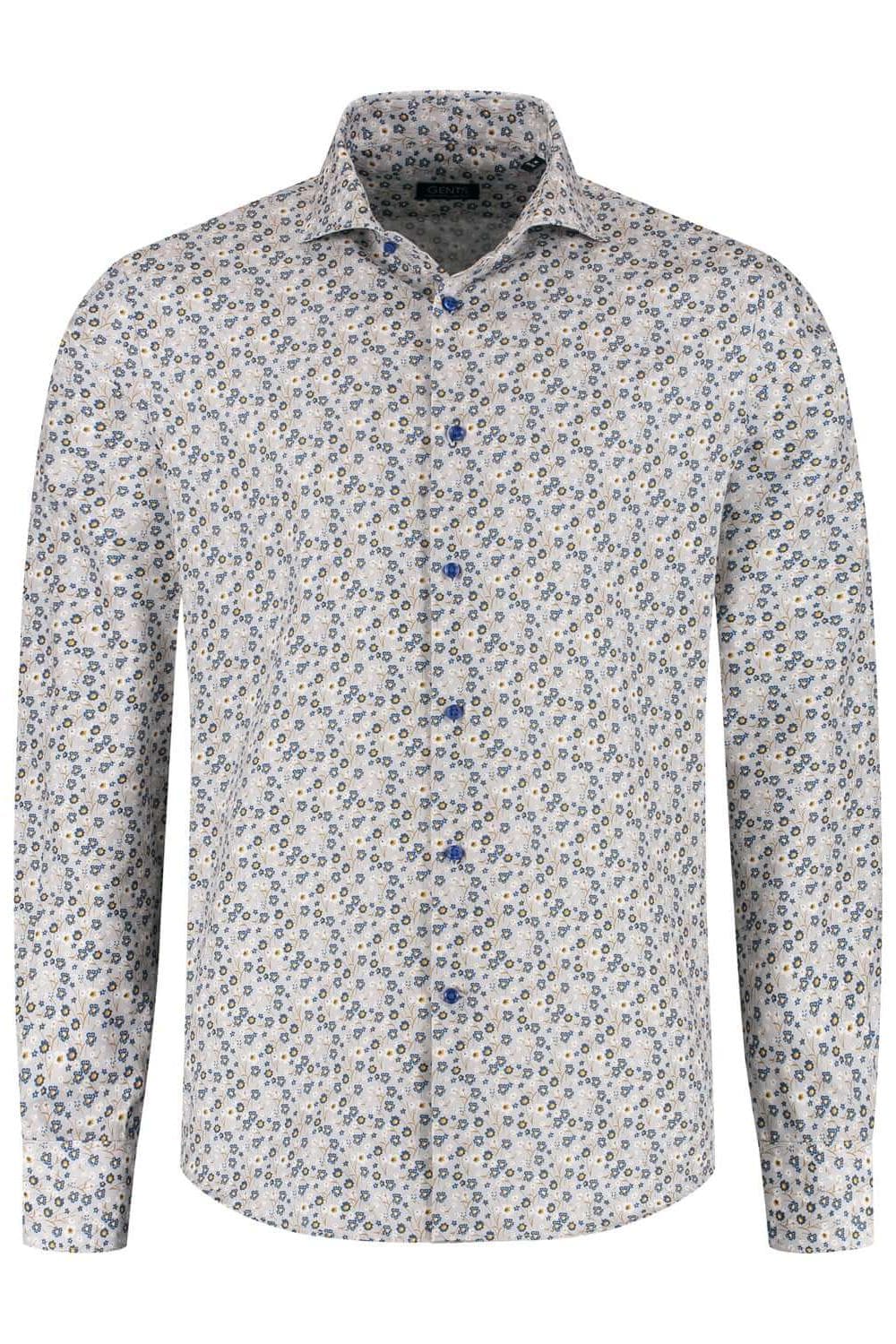 Overhemd bloemetjes print beige-blauw met kleurrijke bloemprint, non-iron en van katoen.