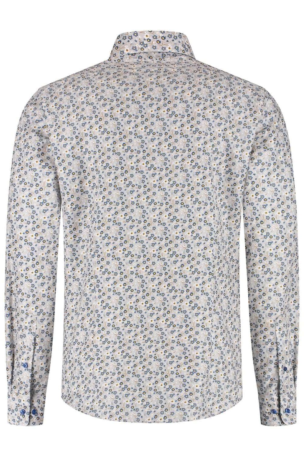 Overhemd bloemetjes print beige-blauw, katoenen overhemd met bloemprint, non-iron, achterkant zichtbaar.