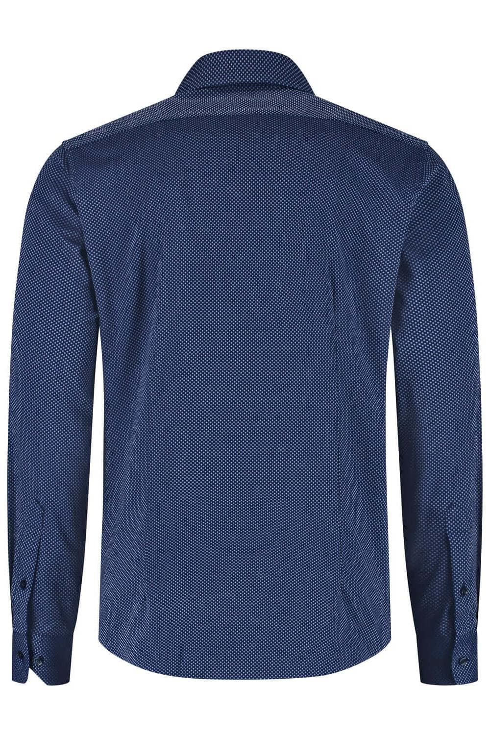 Overhemd dot navy-wit, achterzijde van een donkerblauw polkadot katoenen overhemd, strijkvrij en antikreuk.