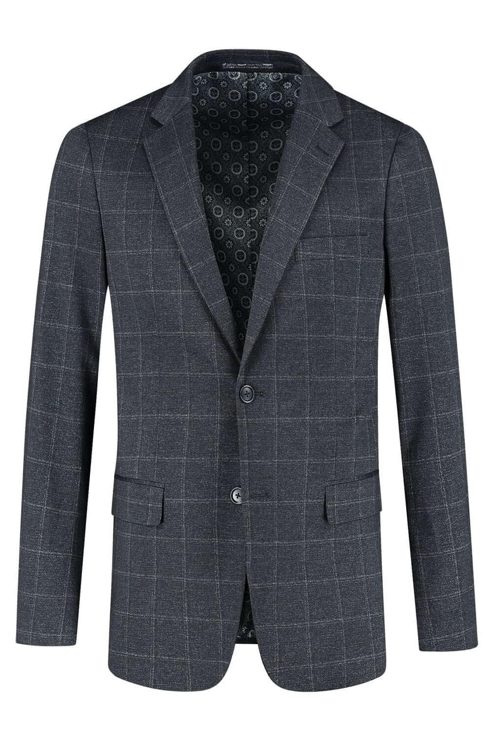 Pak stretch ruit blauw, modern tweedelig stretchpak met ruit in blauw, stijlvollle blazer.