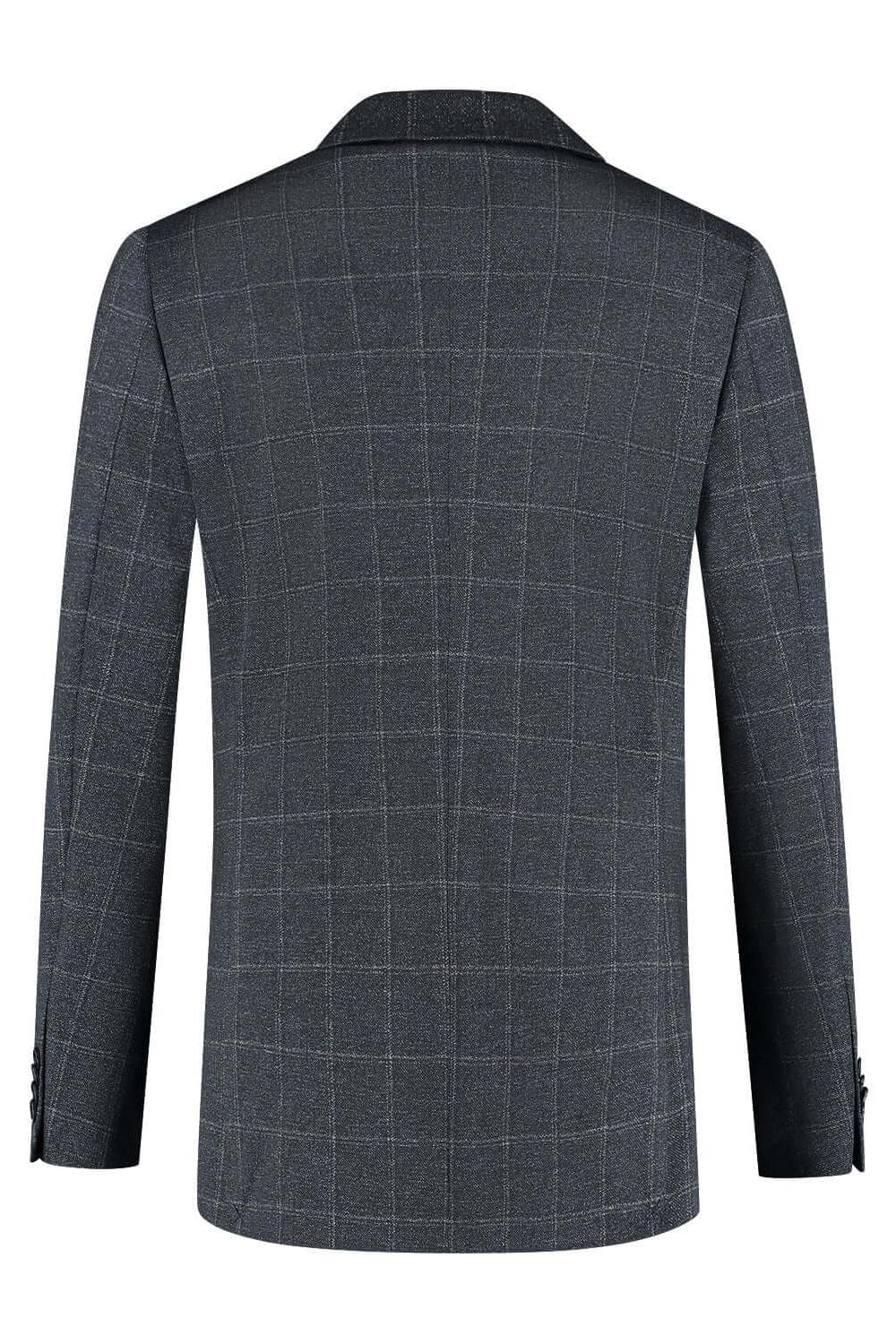 Pak stretch ruit blauw - Achteraanzicht van het tweedelige stretchpak met ruit in blauw, moderne pasvorm.