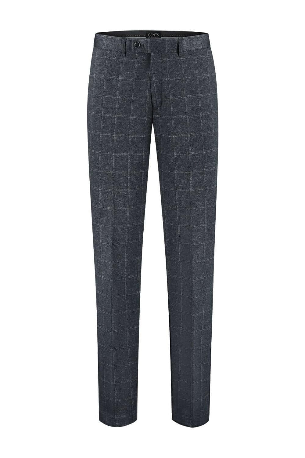 Pak stretch ruit blauw - moderne tweedelige stretchpak met ruitpatroon in blauw.