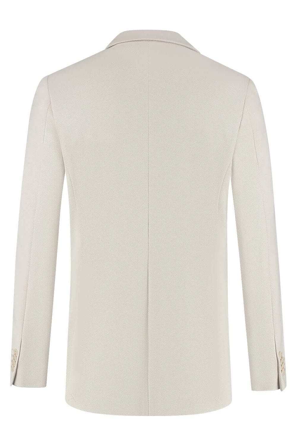 Colbert stretch pique zand, beige colbert met strakke lijnen en knopen, achterkantzicht.