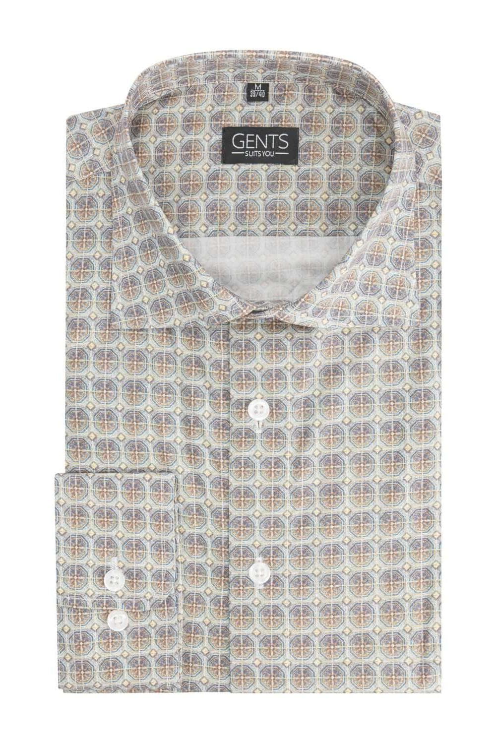 Retroprint beige-blauw ademend katoenen overhemd met stijlvolle retroprint.