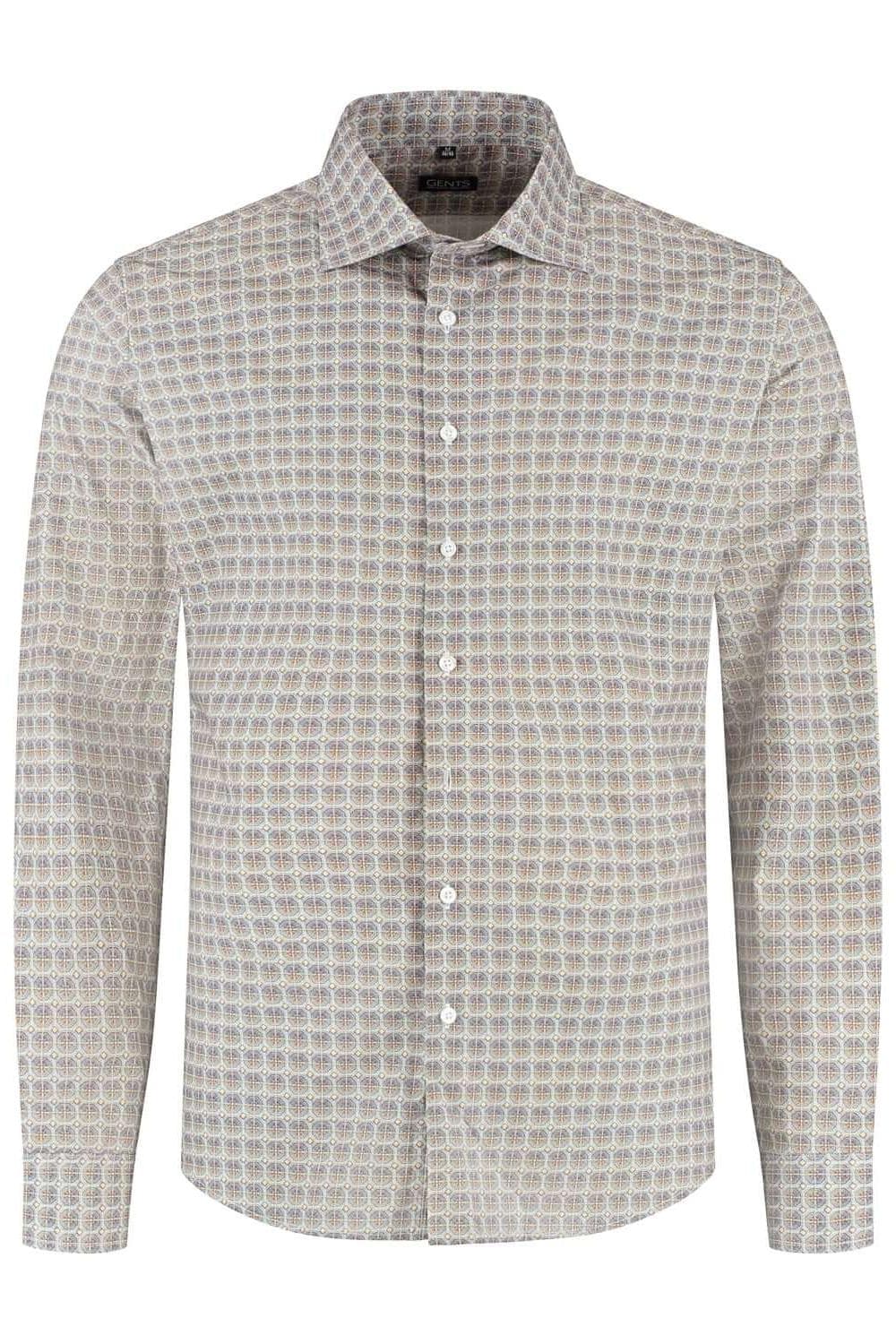 Retroprint beige-blauw ademend katoenen overhemd met retroprint in beige en blauw.
