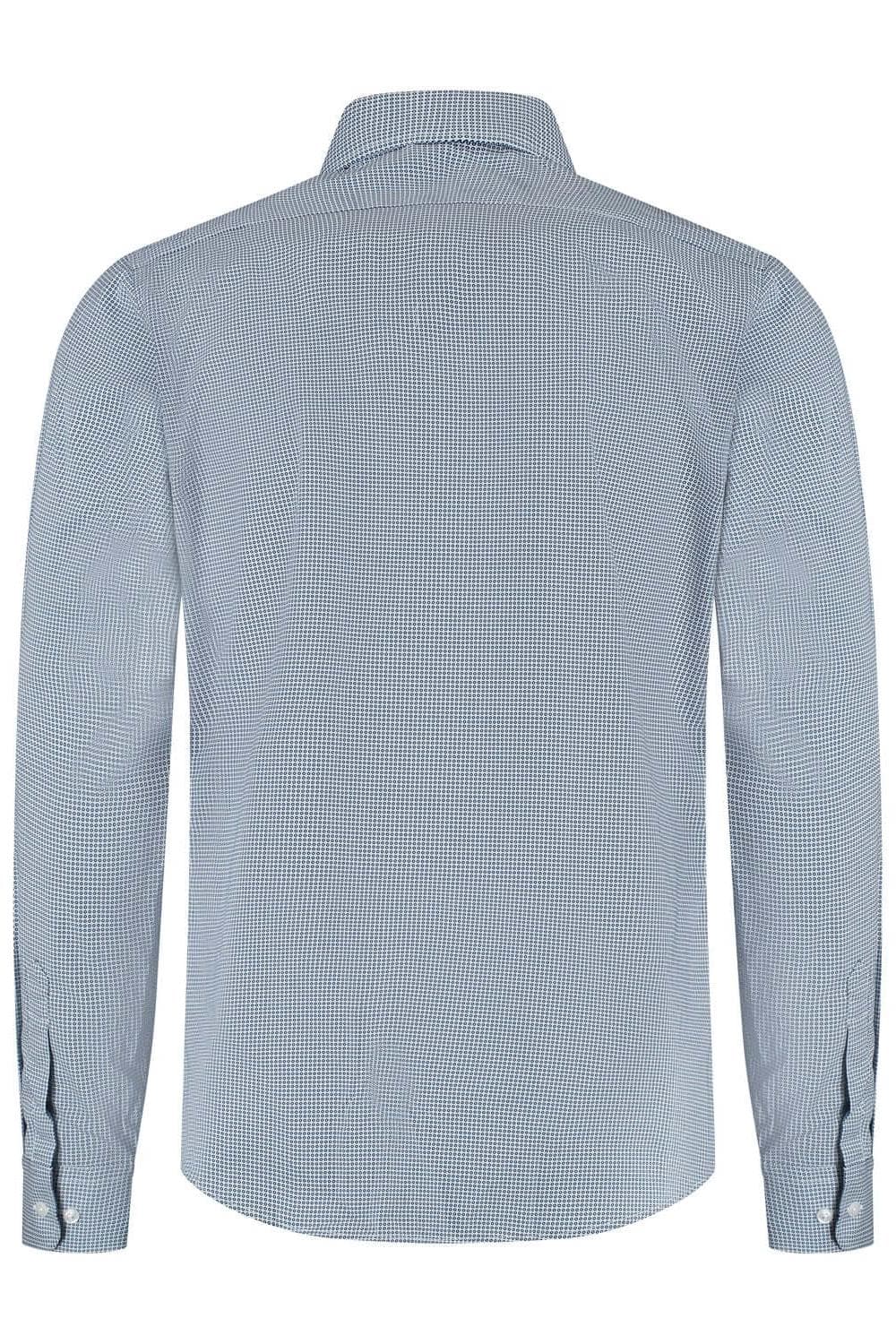 Dotprint blauw-wit klassiek katoenen overhemd met subtiel blauw-wit puntjespatroon, achteraanzicht.