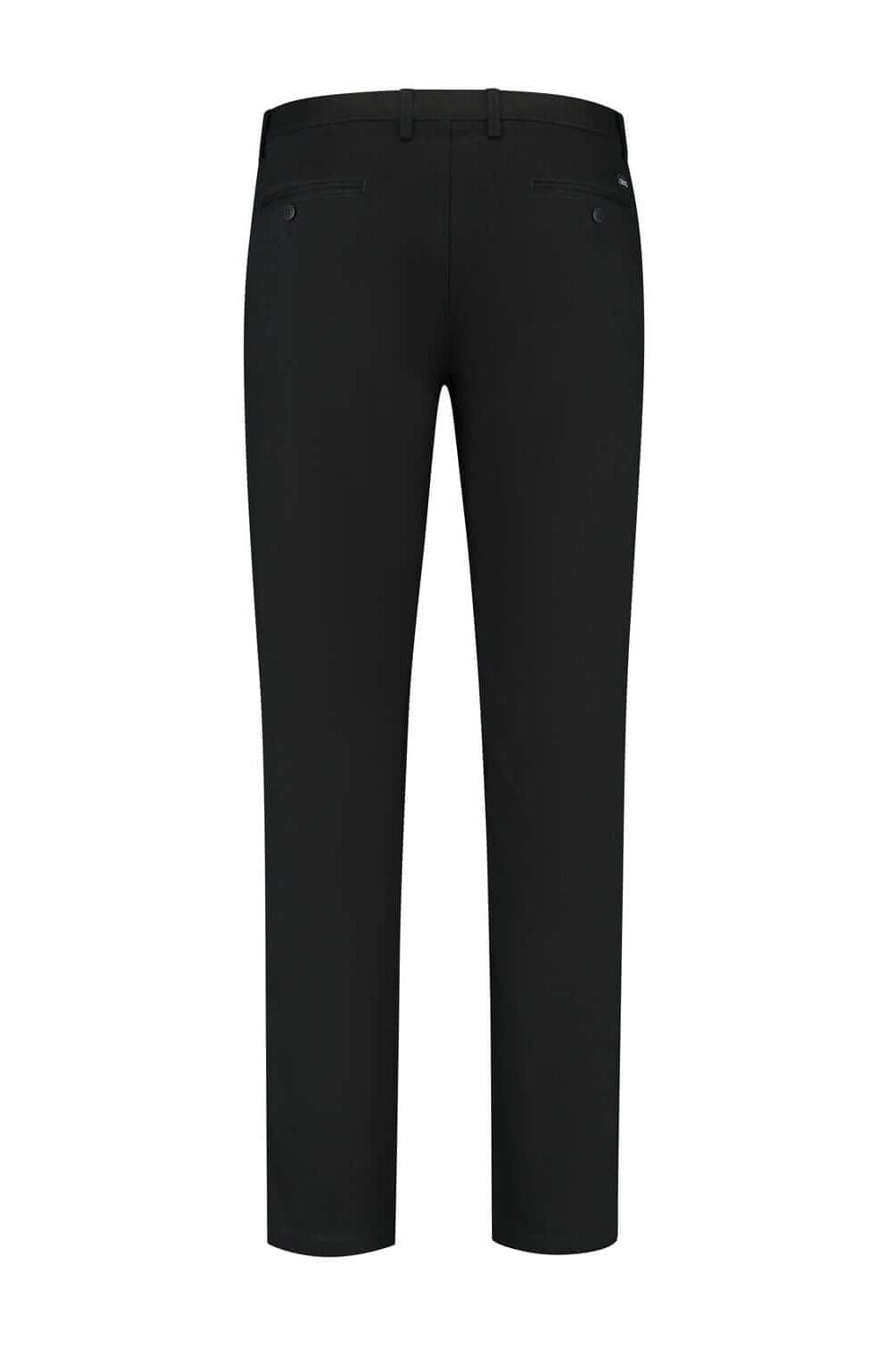 Chino stretch structuur zwart - Broek met subtiele stretchstructuur en katoenmix, achteraan zichtbaar.