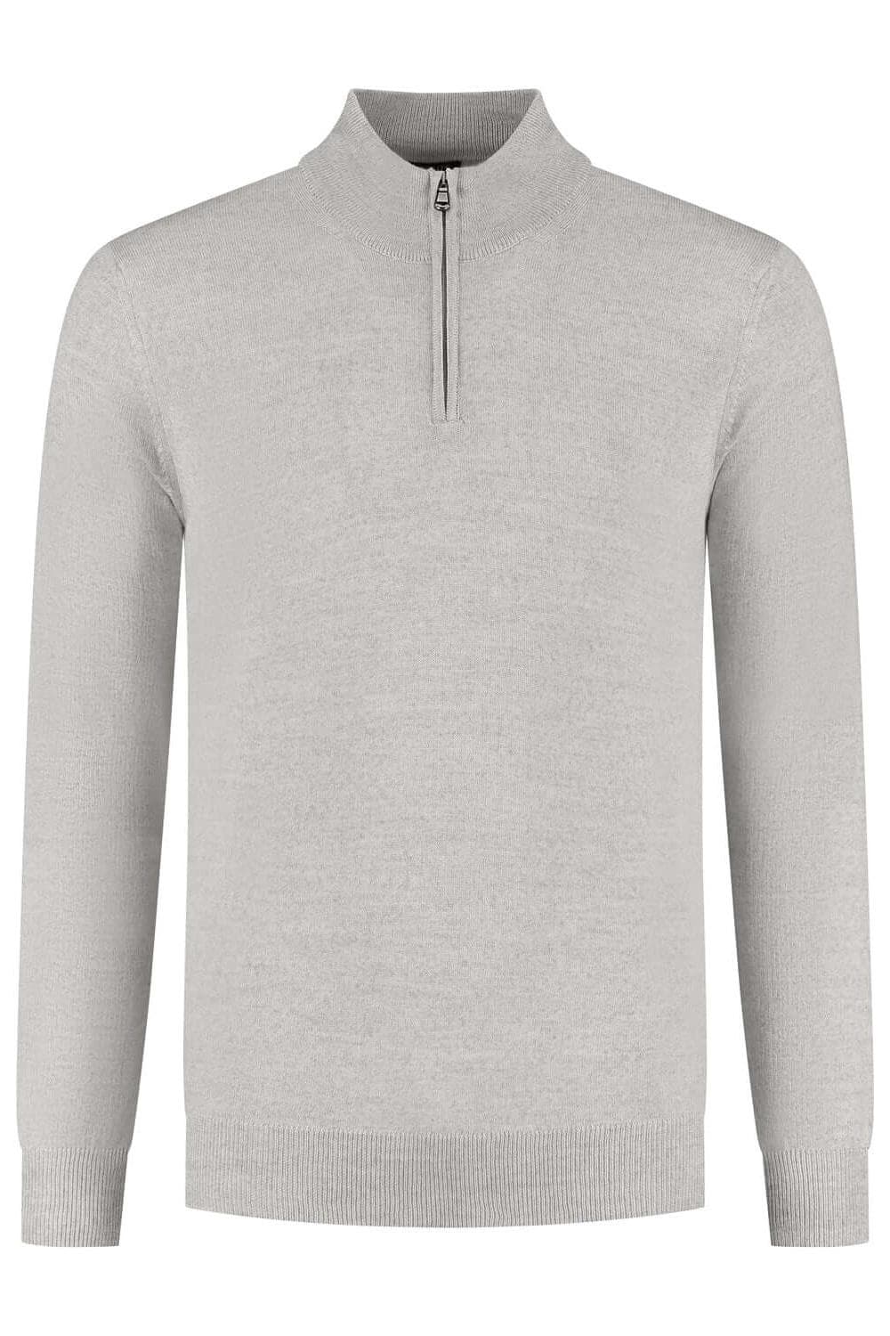 Halfzip merinoblend lichtgrijs trui met halve rits, warm en ademend, in zacht grijs.