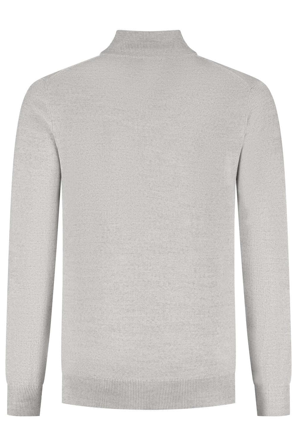 Halfzip merinoblend lichtgrijs trui van achteren, zachte merinoblend, ademend en warm.