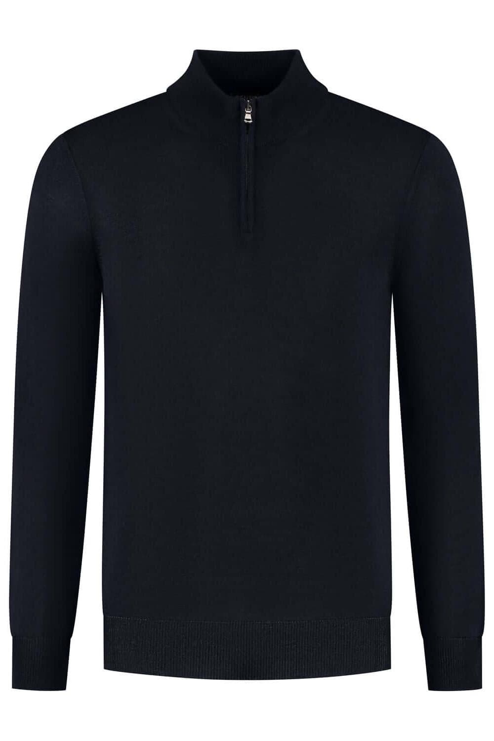 Halfzip merinoblend navy blauw, ademend en onderhoudsvriendelijk, ideaal voor casual en formele gelegenheden.