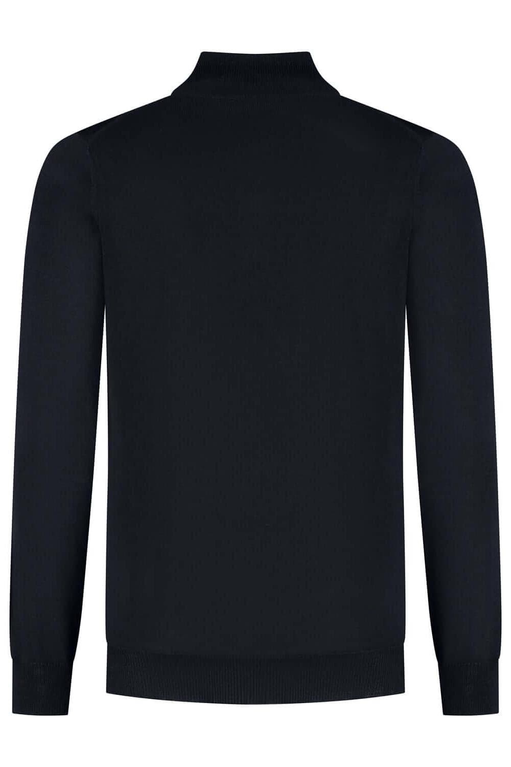 Halfzip merinoblend navy blauw, ademend en kreukarm, achterkant van het kledingstuk.