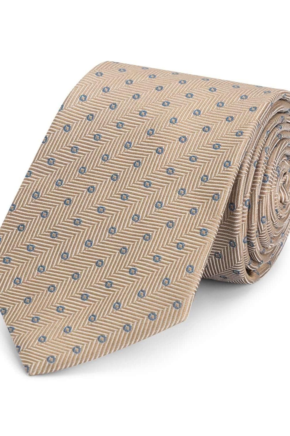 Stropdas zijde stippel beige, elegante beige zijden stropdas met visgraat en stipjes design.