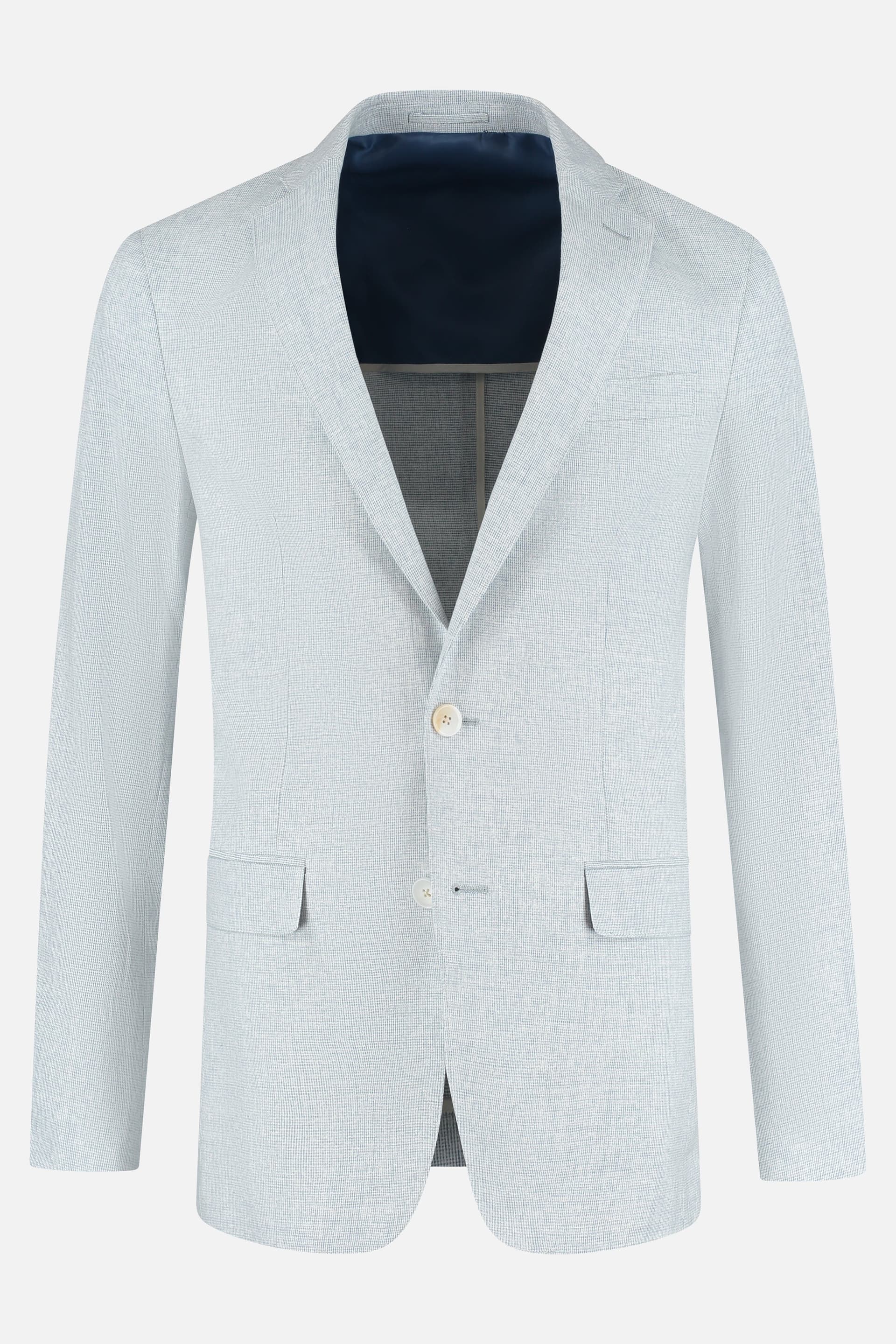 Pak katoen-linnen lichtblauw herenjacket met een lichtblauw patroon en binnenvoering.