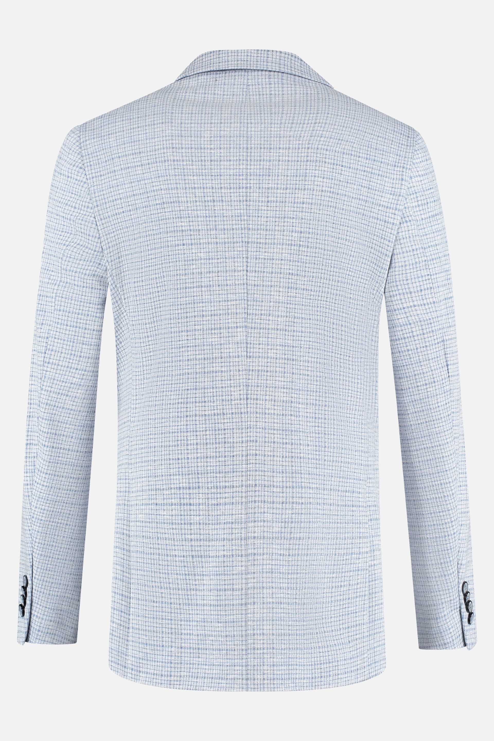 Colbert miniruit lichtblauw, achterkant view van een lichtblauwe blazer met ruitmotief.