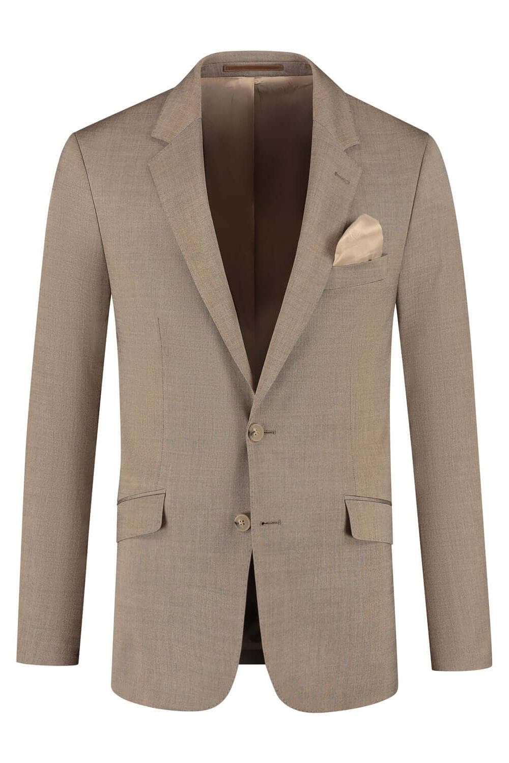 Pak camelbruin, klassiek camelkleurig tweedelig pak van wol met stretch, stijlvol en elegant.