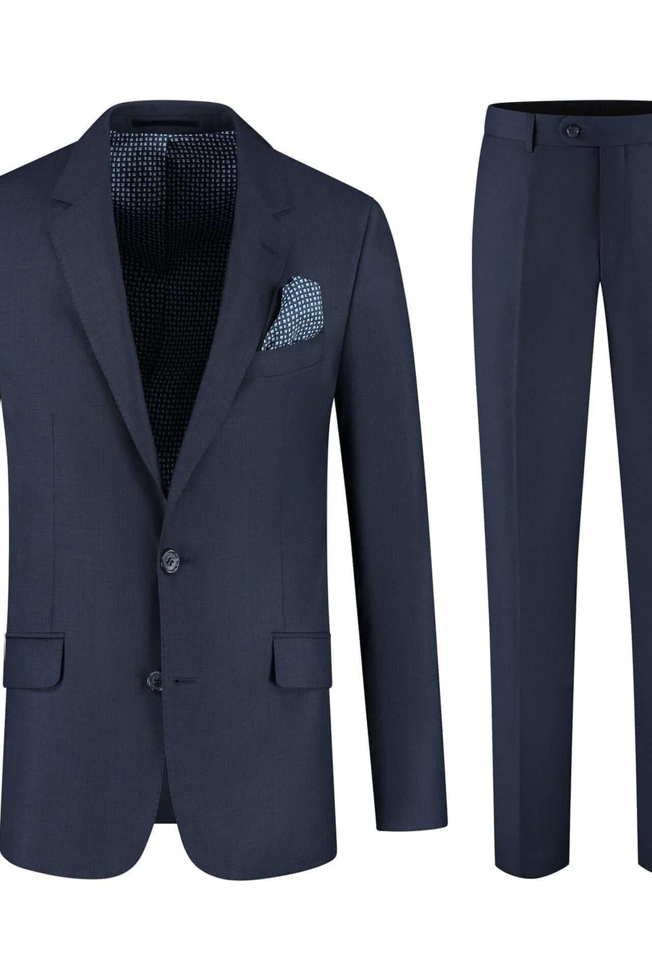 Pak wol uni blauw, elegant twee-knopen pak met ademende stof en zakdoek.