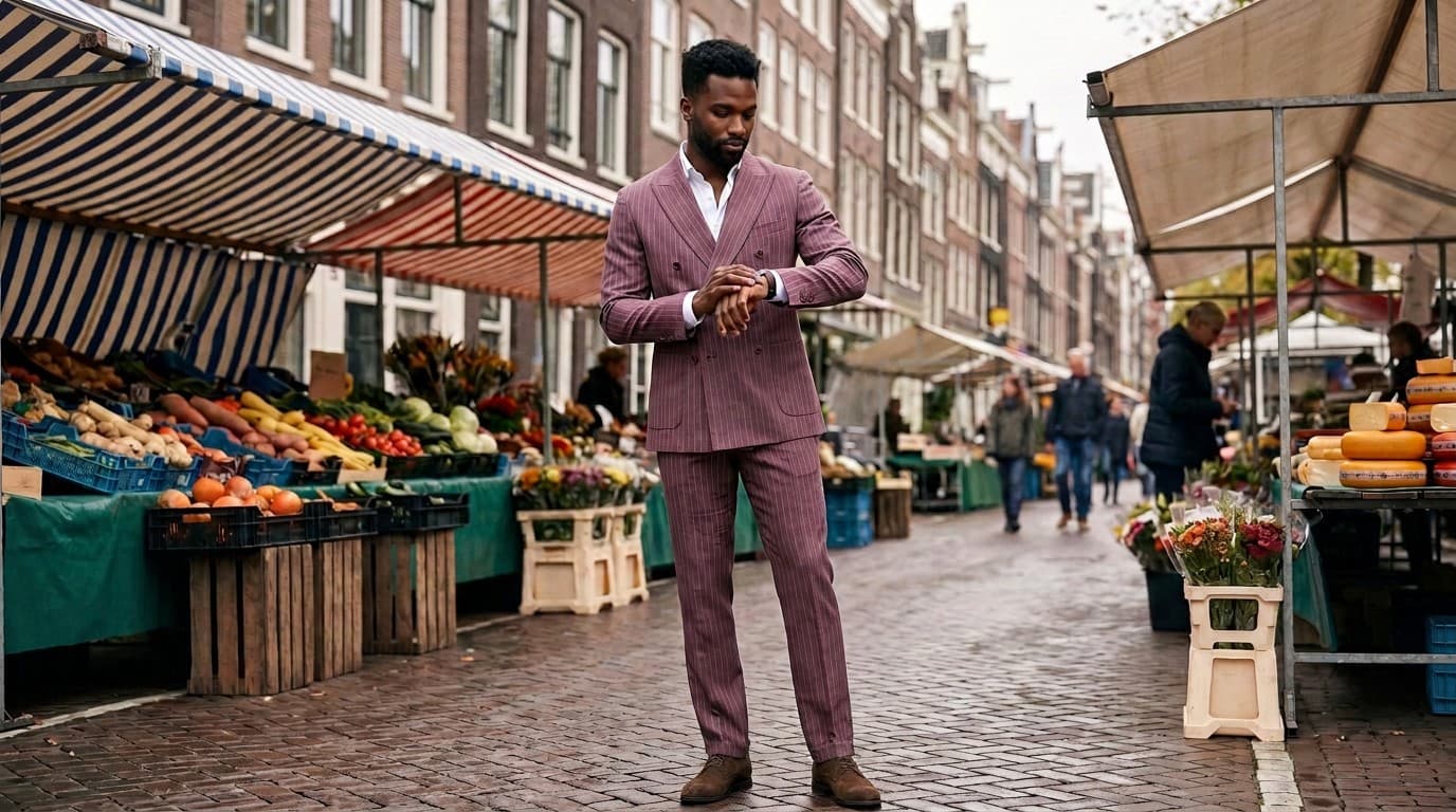 Pak double-breasted streep mauve roodpaars