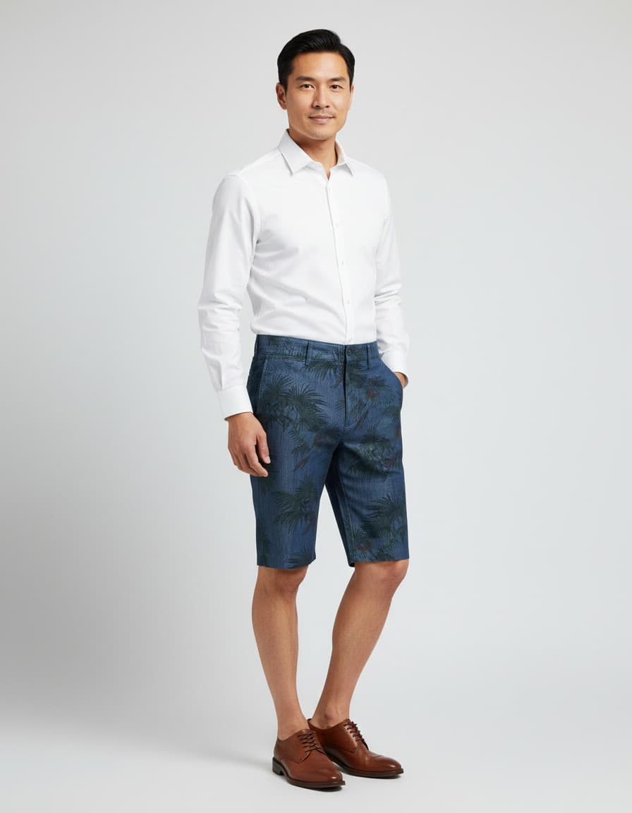 Korte broek bermuda denim print blauw — op model
