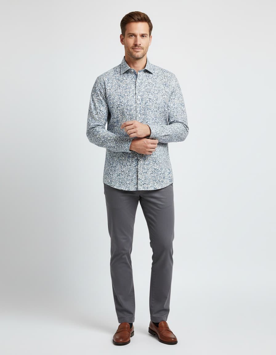 Hemd bloemprint blauw-groen — op model