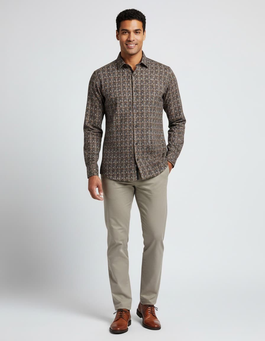 Hemd bloemprint navy-bruin extra lange mouw — op model