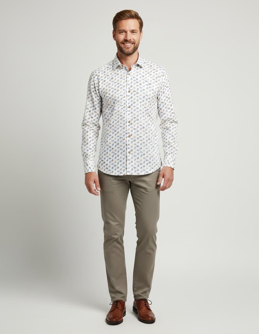 Hemd Blumfontain bloemprint blauw-bruin extra lange mouw — op model