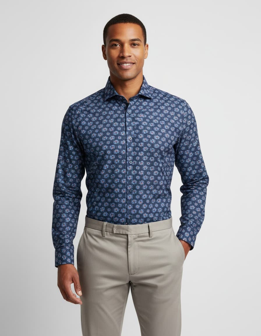 Hemd Blumfontain bloemprint blauw extra lange mouw — op model