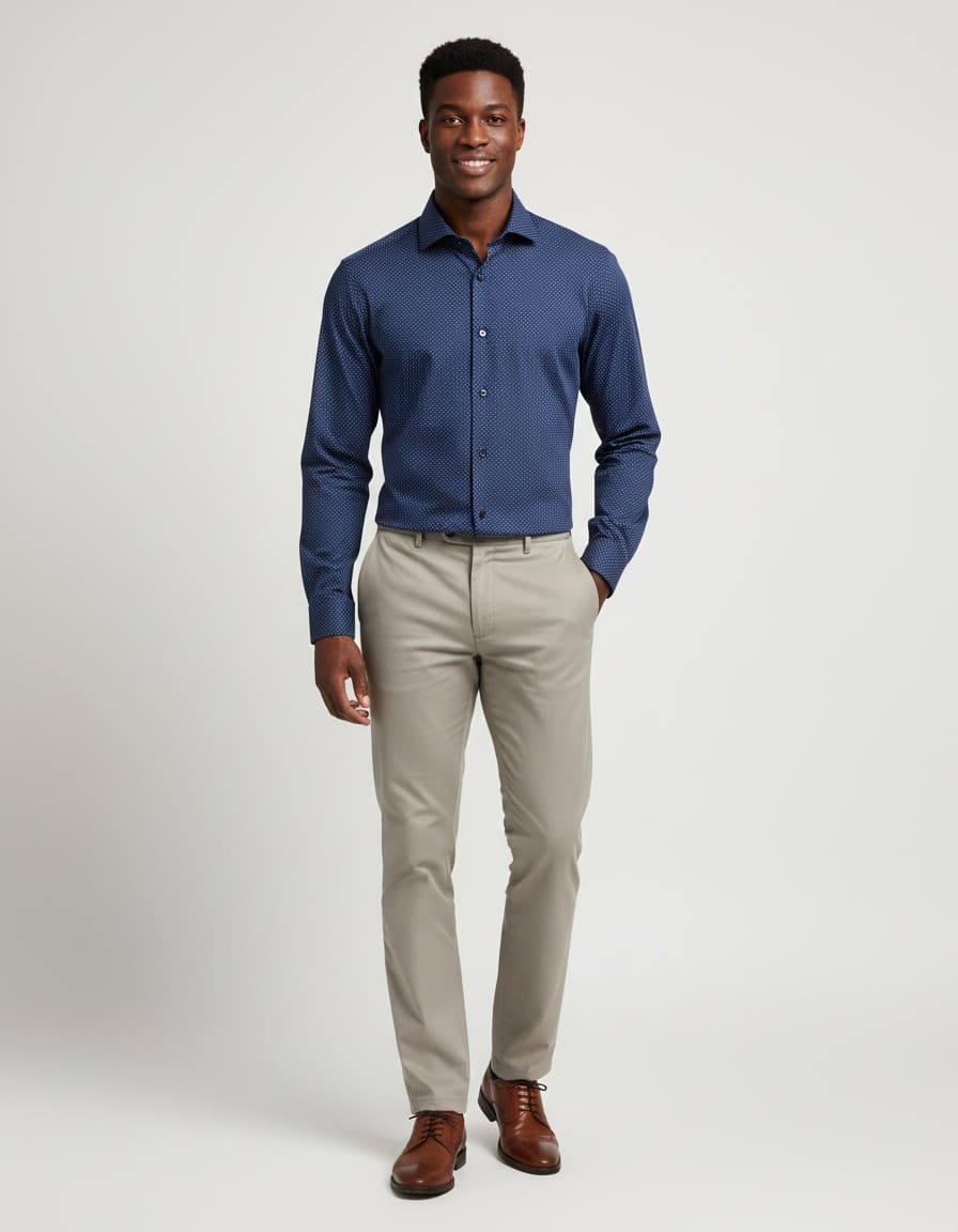 Dot shirt navy-white — on model