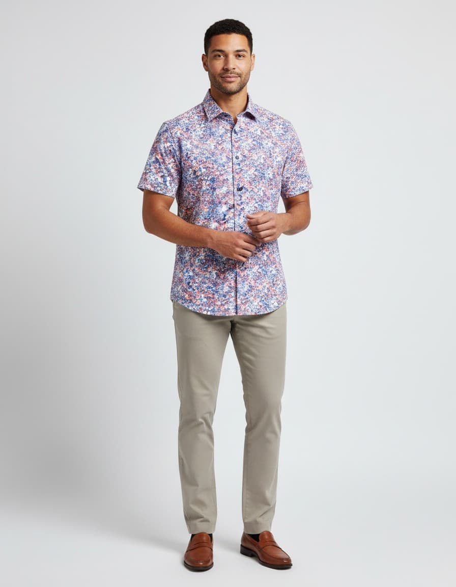 Hemd Blumfontain korte mouw abstracte print rood-blauw — op model