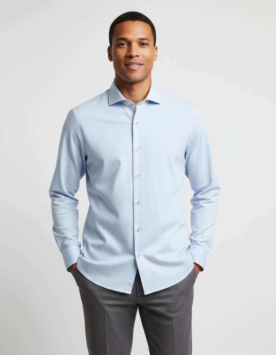 Hemd Blumfontain linnenprint uni lichtblauw extra lange mouw — op model