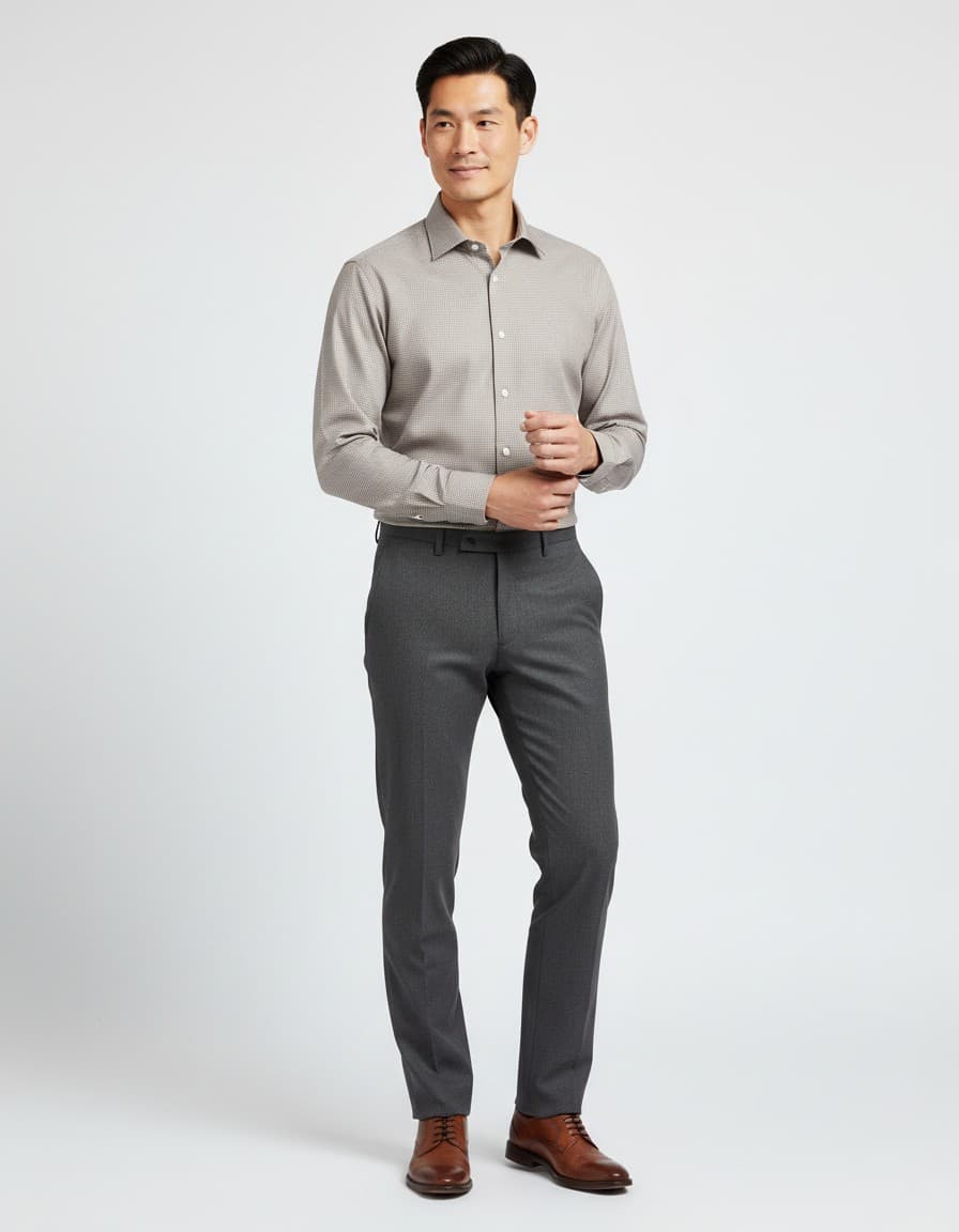 Blumfontain houndstooth shirt taupe — on model