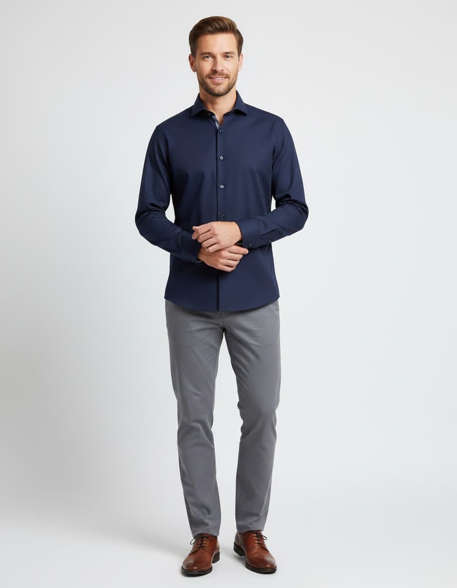 Hemd Blumfontain polkadot navy extra lange mouw — op model