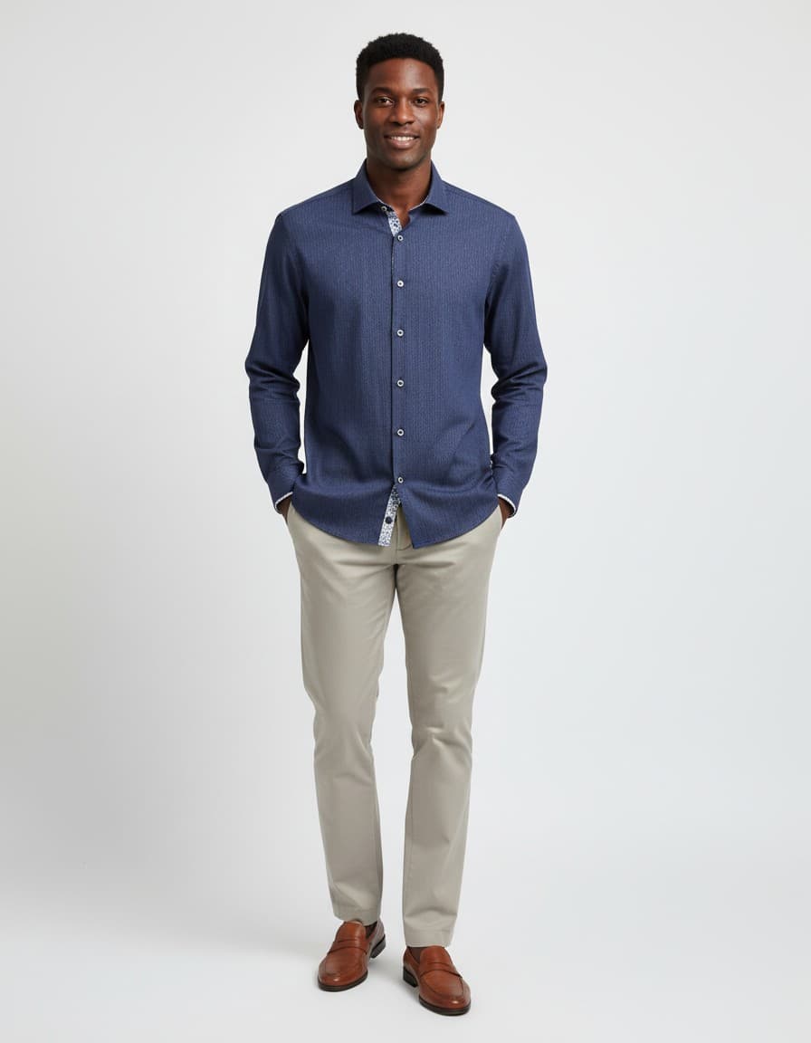 Hemd Blumfontain uni linnenlook blauw — op model