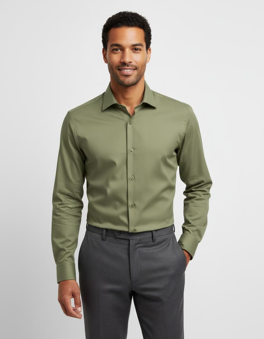 Olive Green Silk Shirt — on model