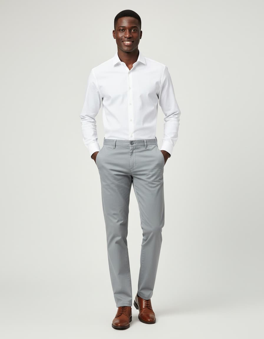 Chino print grijs — op model