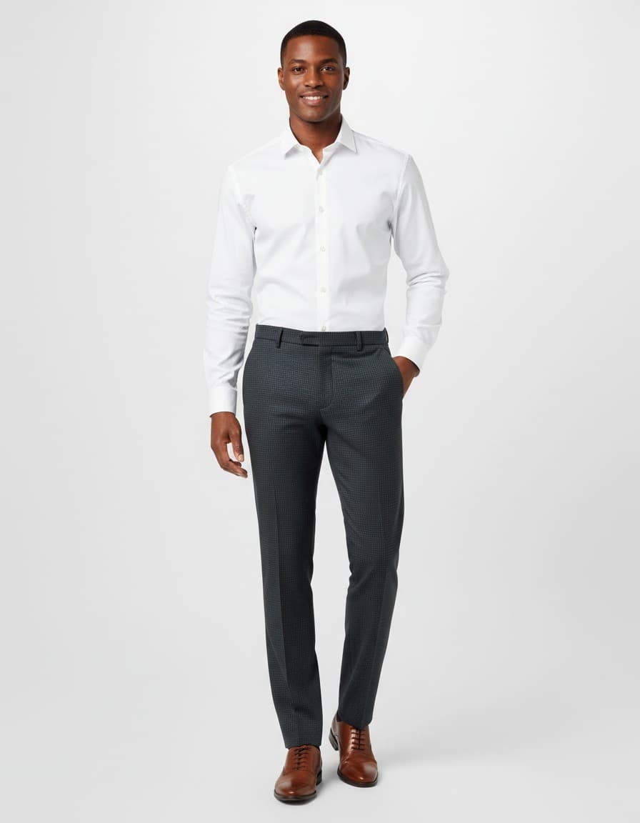 Chino slim miniruit grijs-groen — op model