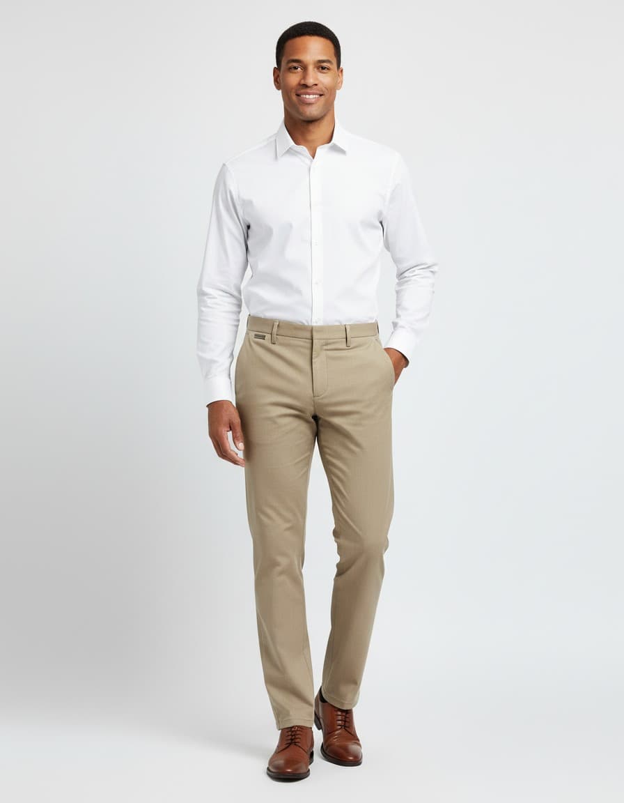 Chino elástico textura camello — op model