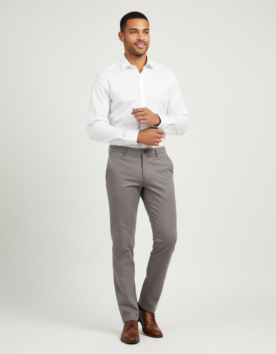 Chino stretch structuur grijs — op model